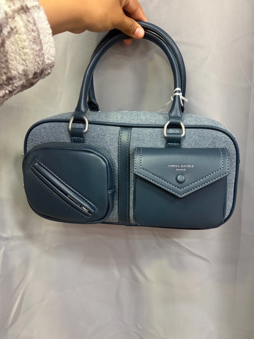 Denim-Trim Deep Teal Dual-Pocket Satchel